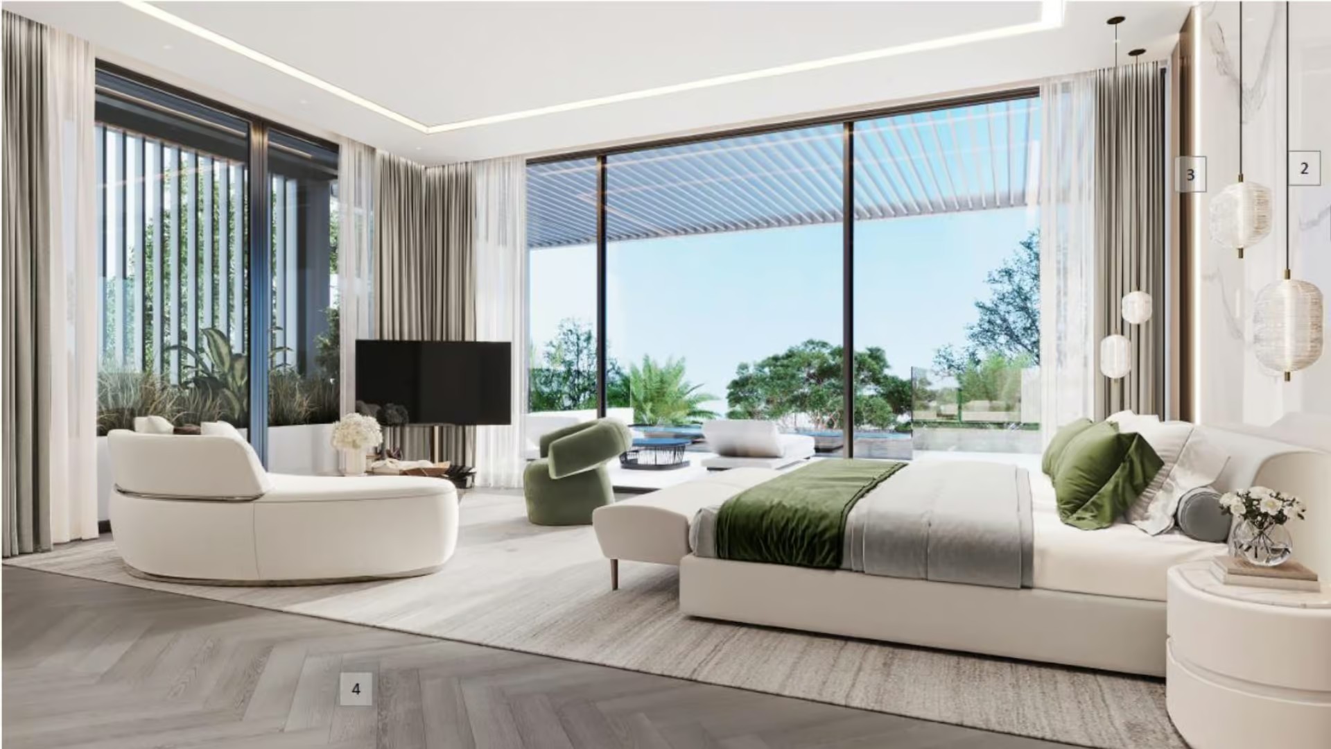 Camera da letto di un appartamento di lusso a Dubai, con terrazza affacciata sulla piscina