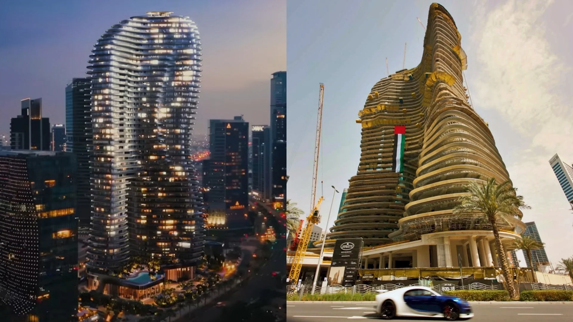 Il render e lo stato di costruzione di una torre residenziale a Dubai, affiancati